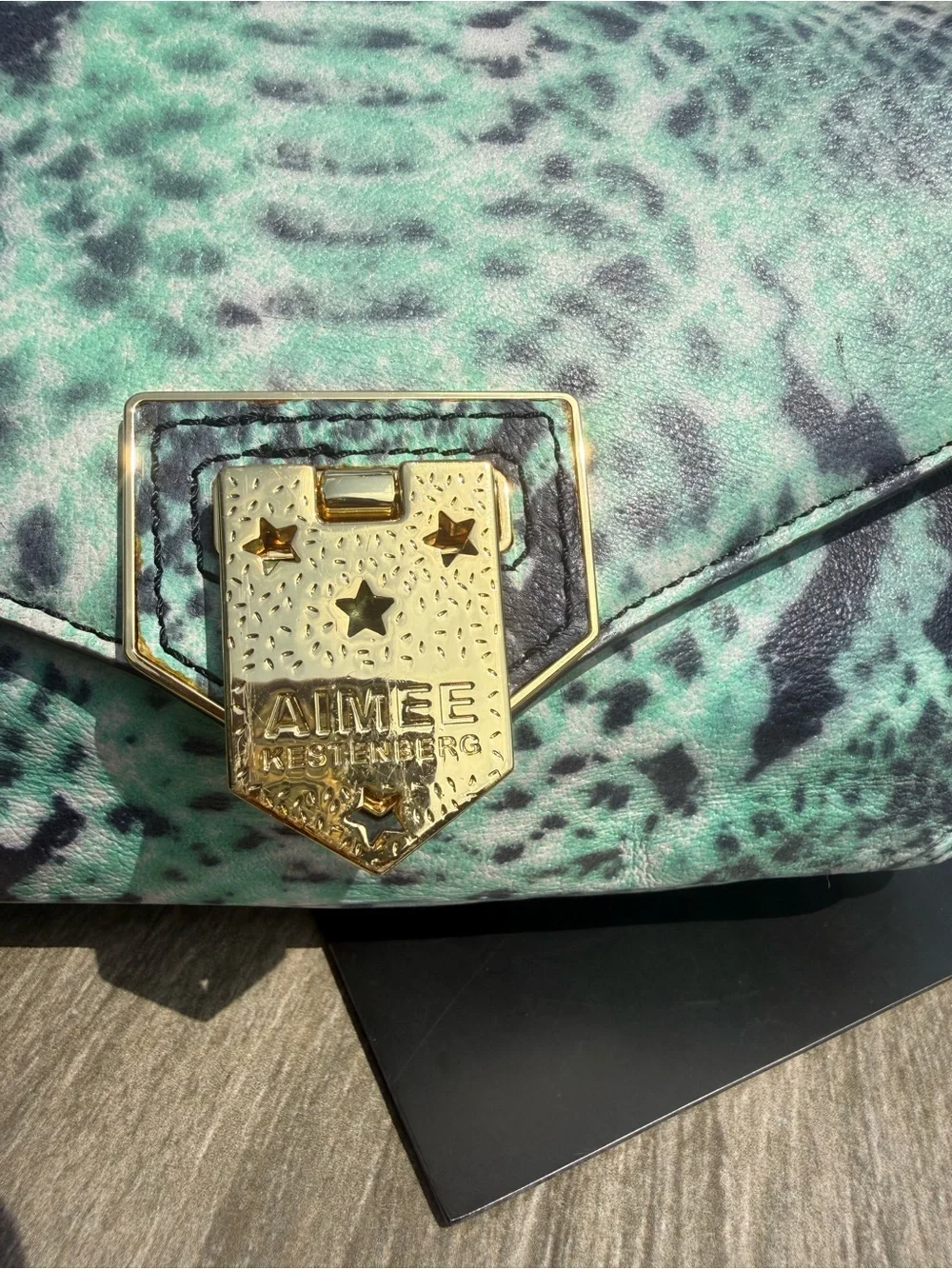 NWOT Aimee Kestenberg Mint Green and Black Snake-Print Crossbody - Picture 3 of 10